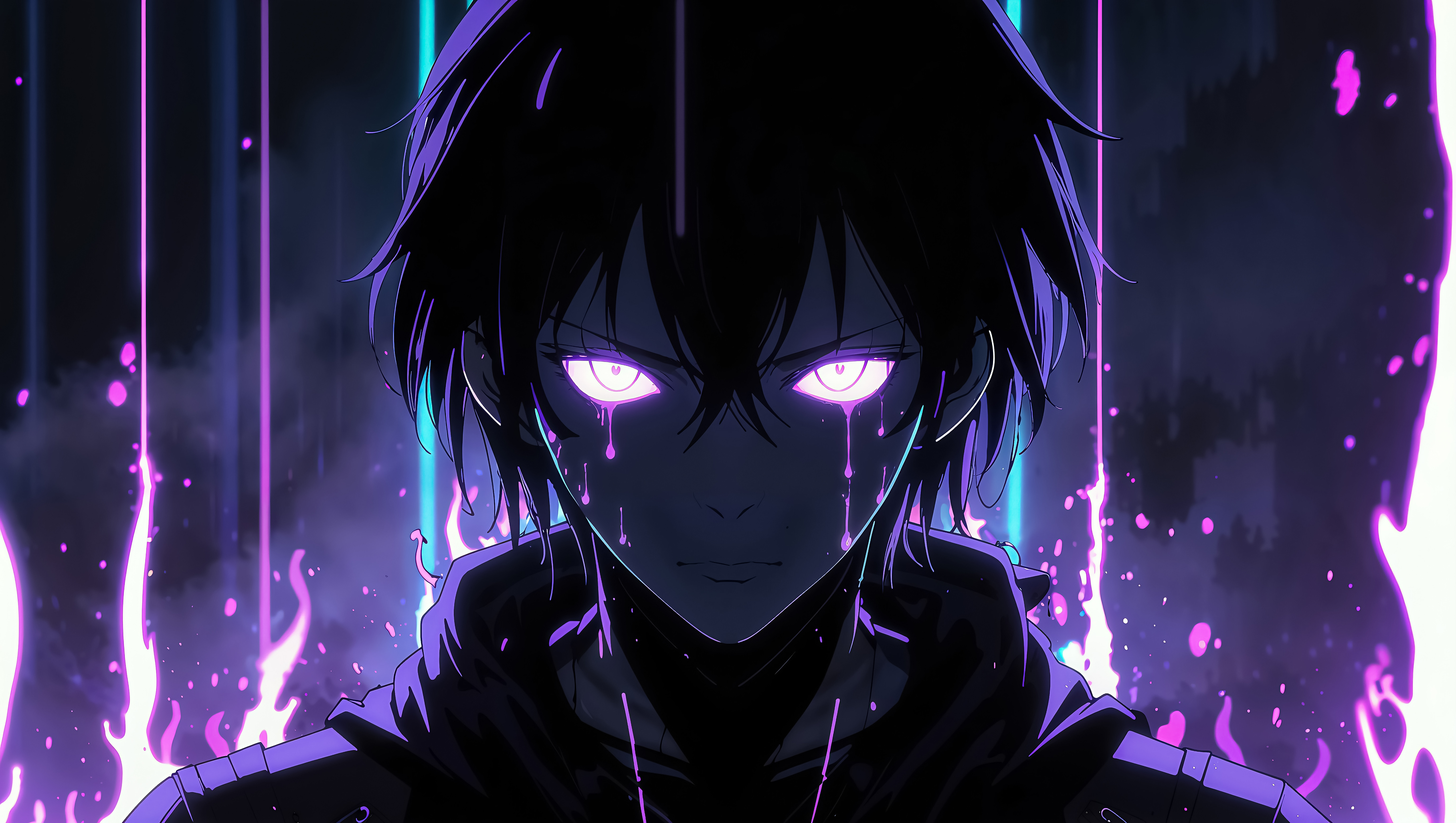 A dark-haired anime character with glowing purple eyes