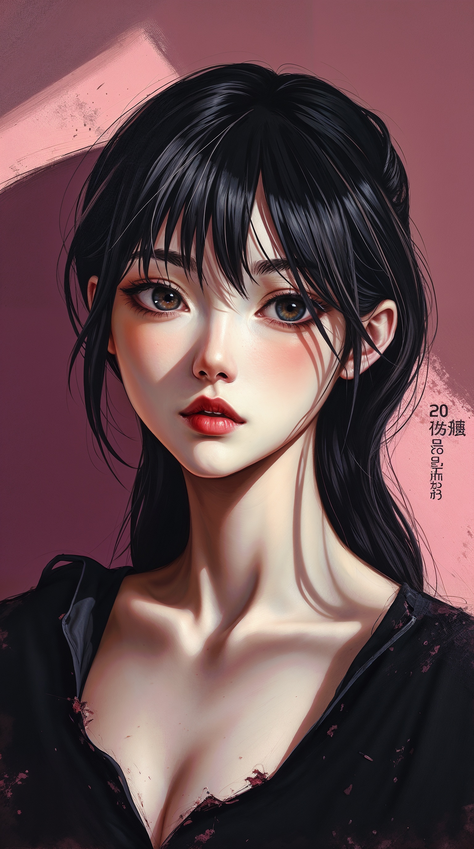 Anime girl with black hair and pink background, perfect anime wallpaper