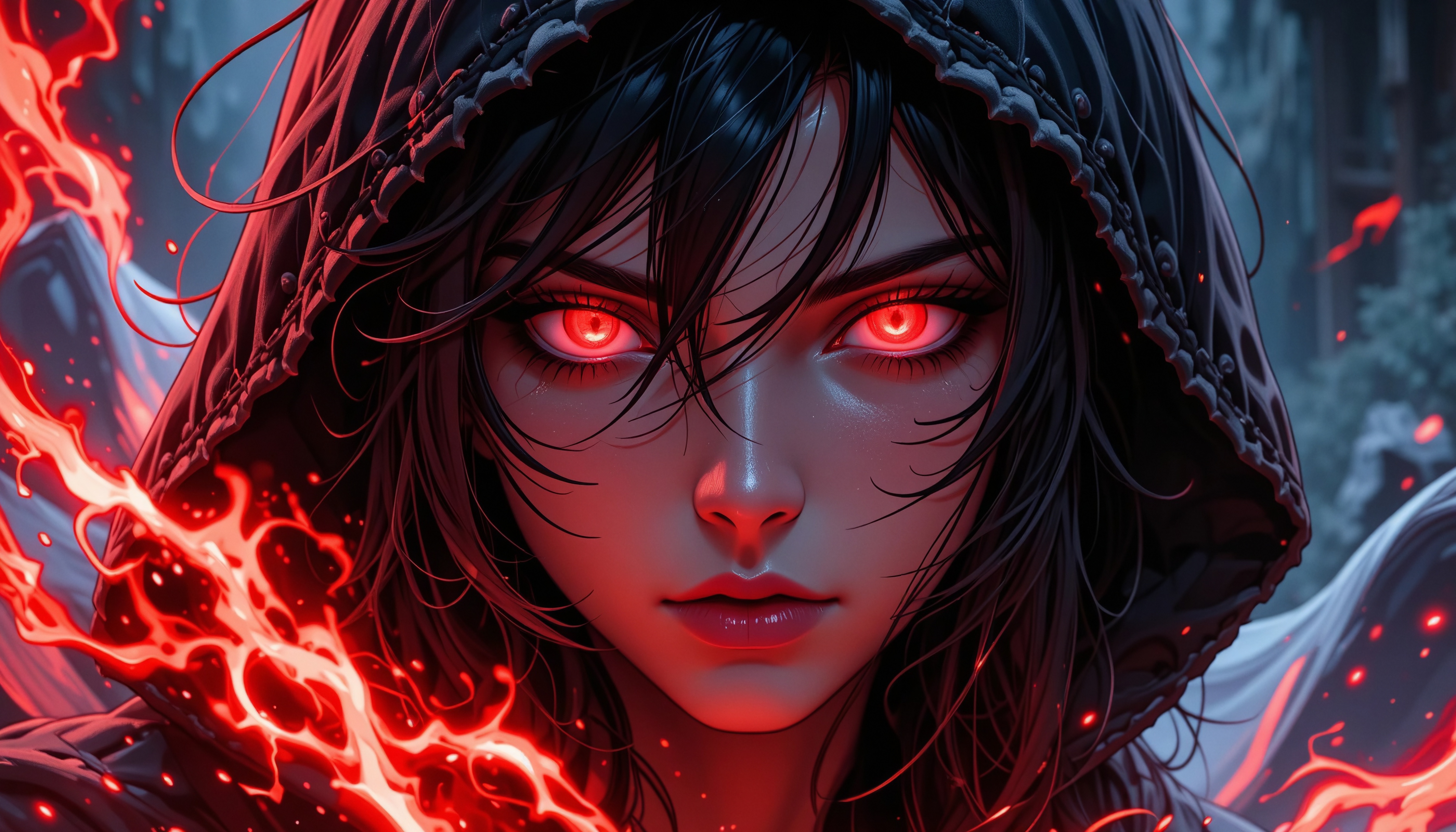A mesmerizing dark fantasy artwork featuring a powerful sorceress with glowing red eyes, wearing a hood and surrounded by swirling magical flames.
