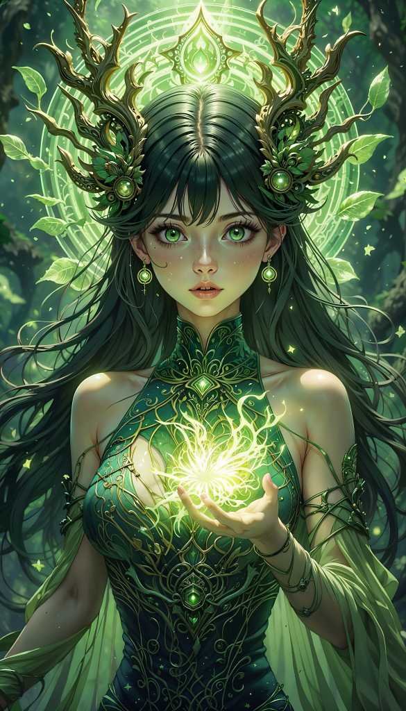Fantasy anime girl with glowing green magic