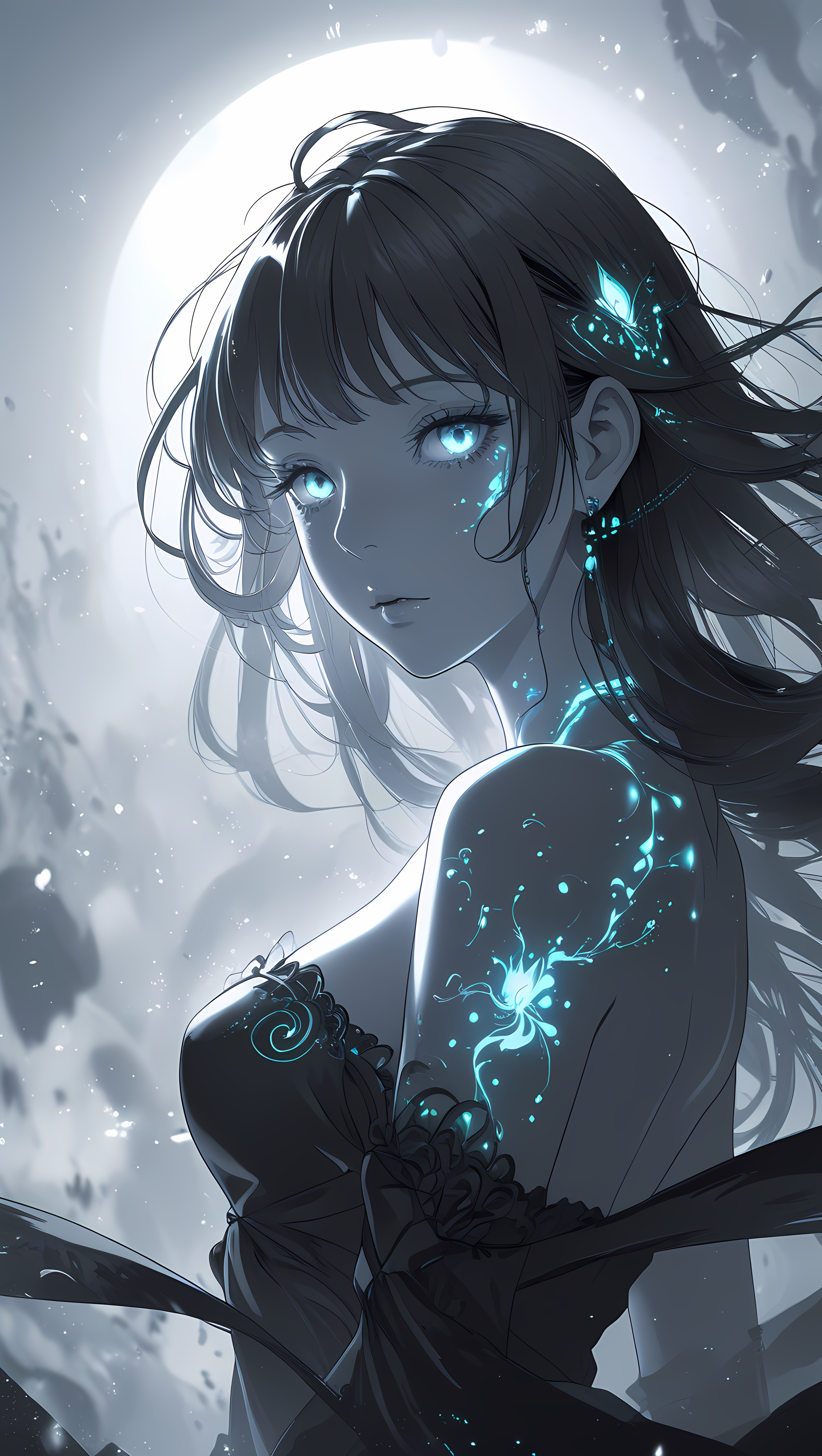 Mysterious anime girl with glowing tattoos and enchanted aura, ideal for dark fantasy mobile wallpapers.