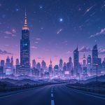 4K anime city wallpaper with a glowing night skyline under a starry sky