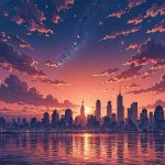 4K anime city wallpaper showing a sunset skyline reflected over calm waters