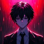 Sad anime boy standing alone under red rain – emotional 4K anime wallpaper