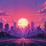 4K anime wallpaper of a colorful cityscape with a glowing sunset and empty road