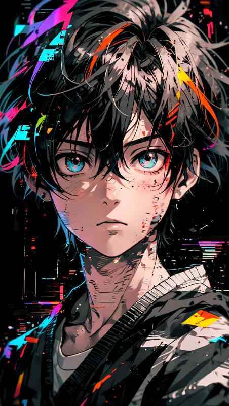 Detailed anime boy portrait with neon glitch aesthetic