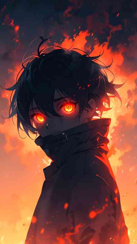 8K anime character with glowing red eyes and dark fiery aesthetic