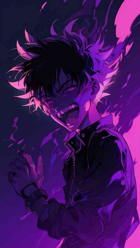 Anime boy with glowing eyes laughing intensely, surrounded by purple flames, perfect for dark anime wallpaper themes.