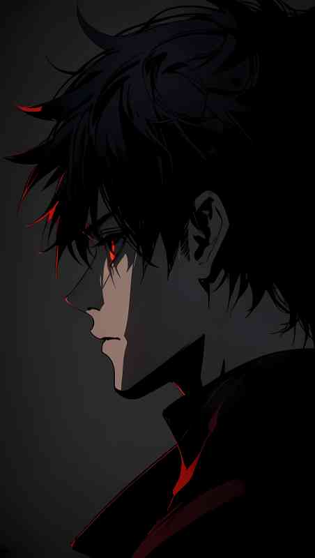 Anime Boy with Dark Hair and Red Highlights in Side Profile – Intense and Brooding