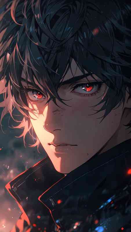 HD close-up of an anime boy with red eyes and dark hair, surrounded by embers, creating a mysterious and dark atmosphere.