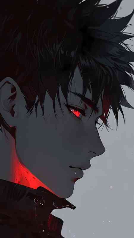 Side profile of anime boy with glowing red eyes, dark background, and moody expression for HD wallpaper.