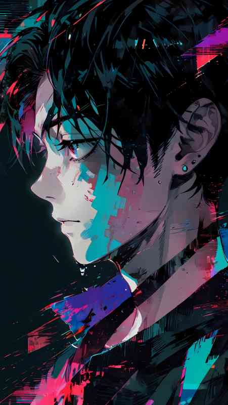 Anime boy with slicked-back black hair, neon lights and digital fragments
