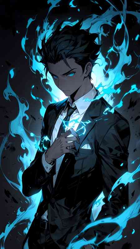 Anime boy in black suit surrounded by intense blue flames