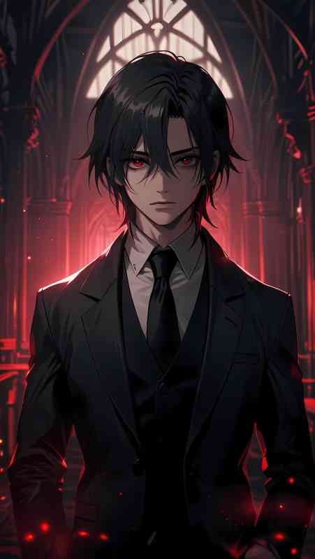 Anime boy in black suit with red eyes, dark gothic cathedral background