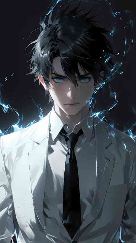Anime boy in white suit with blue energy and intense gaze