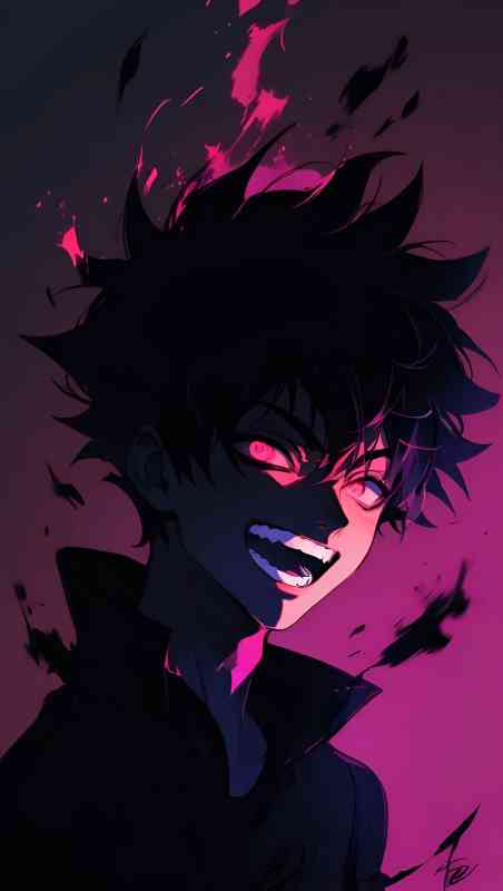 Anime boy laughing with glowing pink eyes and chaotic flames