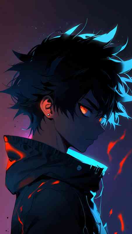 Anime boy with glowing red eyes and intense energy aura