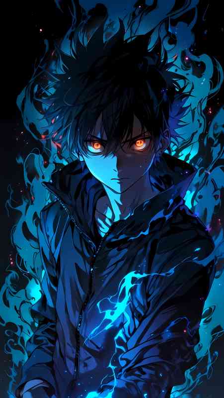 HD anime boy with glowing orange eyes and blue flames, intense expression, dark and moody atmosphere.