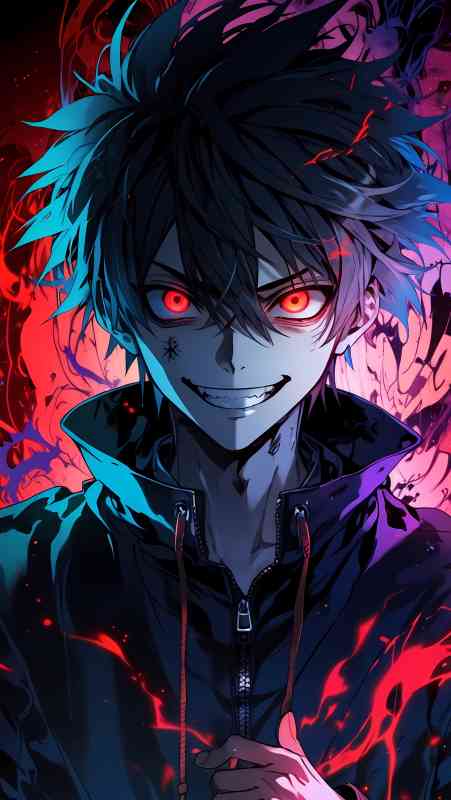 HD anime boy with red eyes and an evil smile, surrounded by flames of red and violet, dark and villainous atmosphere.