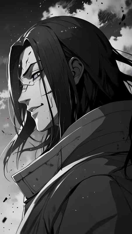 Scarred anime villain with long hair and intense expression in black-and-white wallpaper.