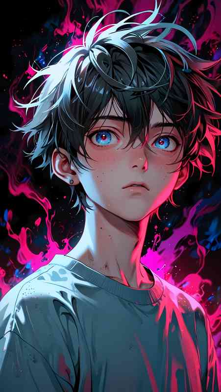 Anime-boy-portrait-blue-eyes-messy-hair-surrounded-by-pink-blue-flames