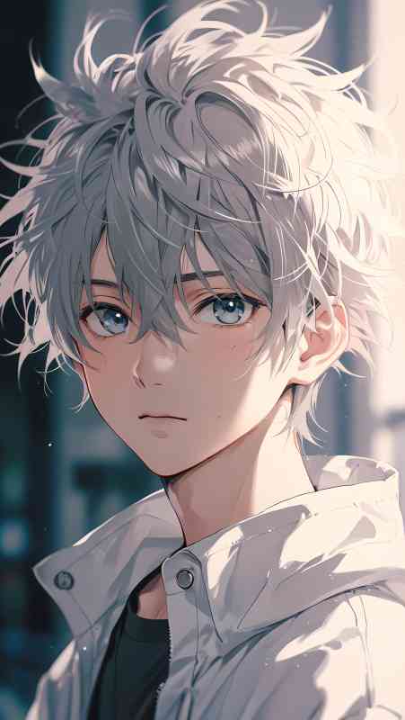 Close-up-portrait-of-anime-boy-with-messy-white-hair-blue-eyes-wearing-white-jacket