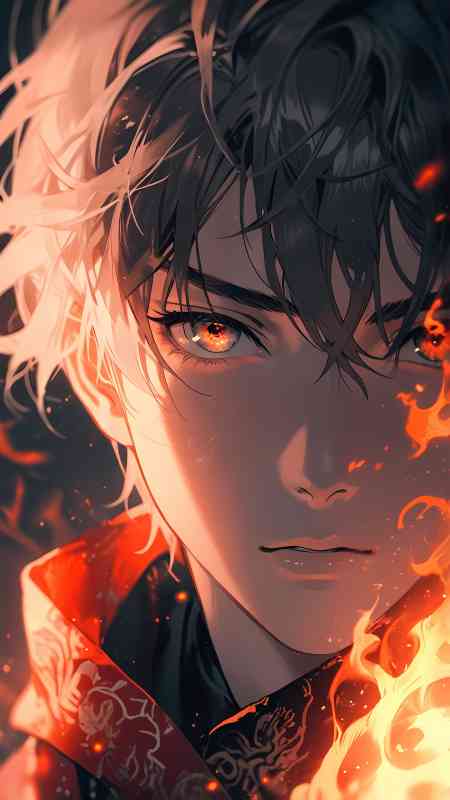 Free anime wallpaper of a boy with fiery eyes and flames