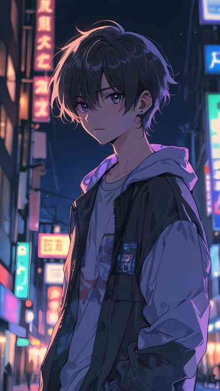 Free download of anime boy with messy black hair in hoodie under neon signs