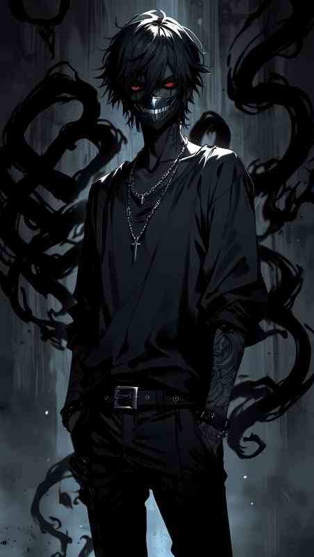 Dark anime boy with red eyes, black clothing, and shadowy background for gothic wallpaper.