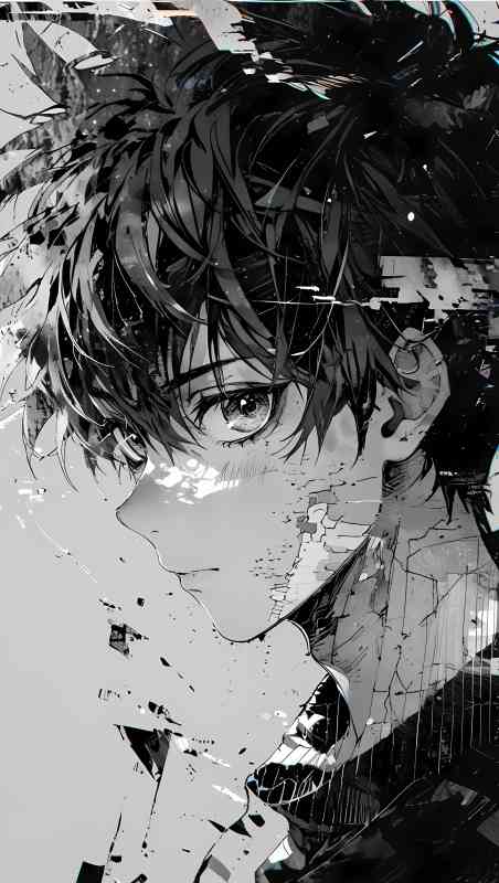 Abstract monochrome anime boy with fragmented details
