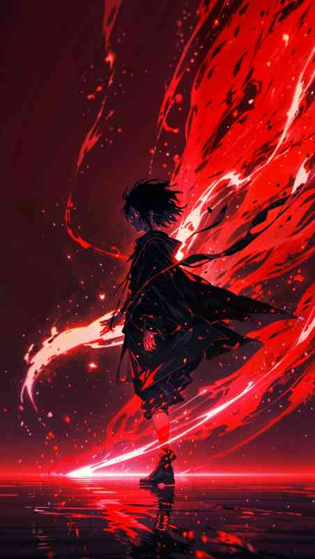 Anime character with dark cloak and flowing red energy aura