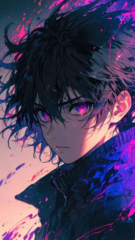 Anime-style-portrait-of-character-with-messy-black-hair-glowing-pink-eyes-and-colorful-neon-paint-splatters