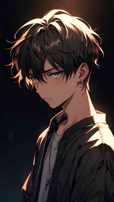 Sad anime boy with dark hair and blue eyes, illuminated by soft glowing light, in an 8K high-resolution wallpaper.