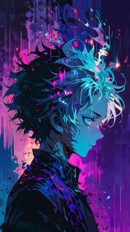 Silver-haired anime boy in neon blue and pink colors, intense side profile