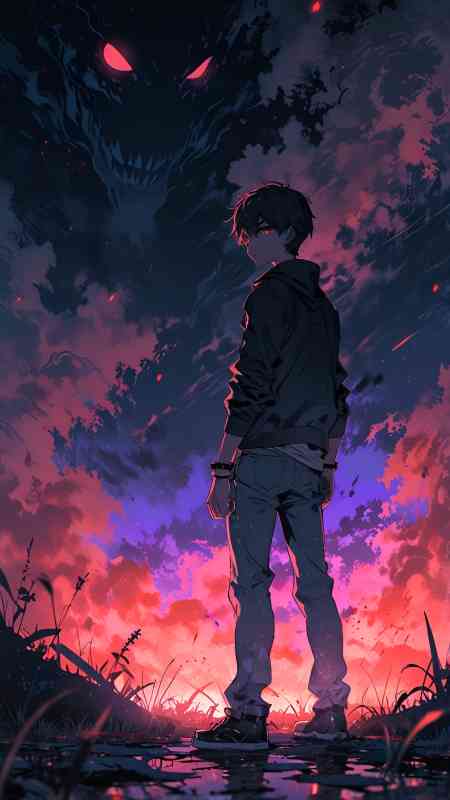 Anime boy facing a large, dark shadowy monster with glowing red eyes, set against a red and purple sky. Perfect for dark anime wallpaper themes.
