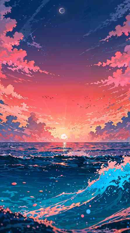 Anime sunrise over ocean with pink and orange clouds and gentle waves.