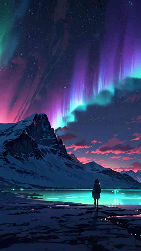 Anime wallpaper of aurora borealis over snowy mountains with a person by a lake.