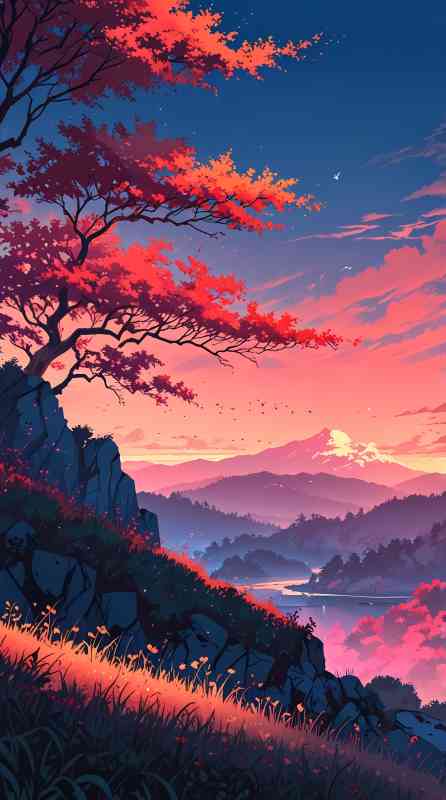 Anime nature wallpaper featuring a sunset over mountains with a red maple tree on a rocky hill.
