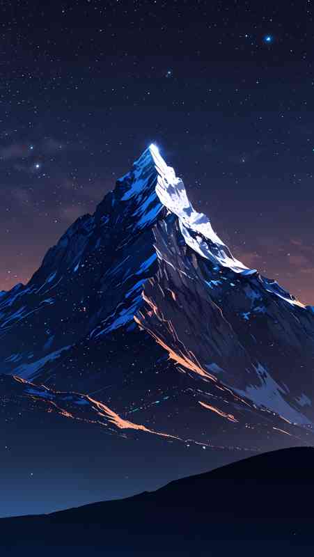 Anime-style illustration of a towering mountain peak under a starry night sky, with blue and orange hues