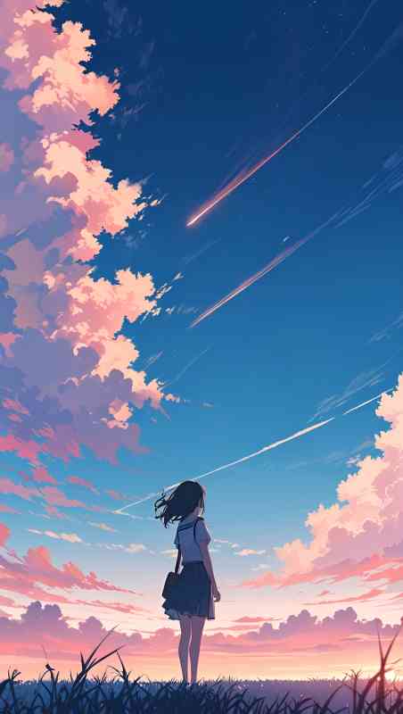Anime-style illustration of girl watching meteor shower in colorful sunset sky with pink clouds