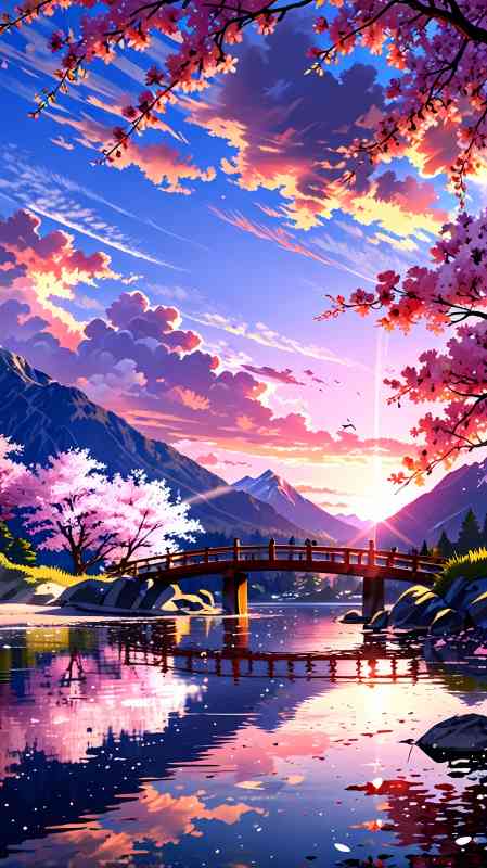 Anime wallpaper of a lake with cherry blossoms and a mountain view.
