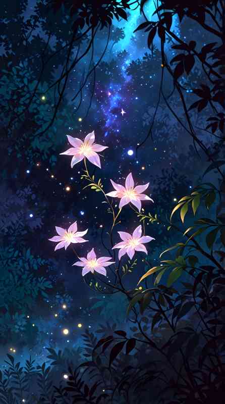 Glowing flowers in a mystical anime forest under a starry night sky.