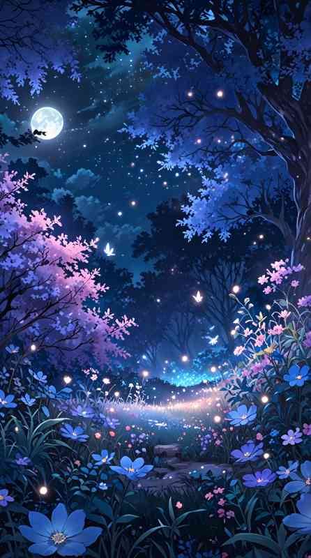 Anime nature wallpaper of a moonlit forest with colorful flowers and glowing fireflies