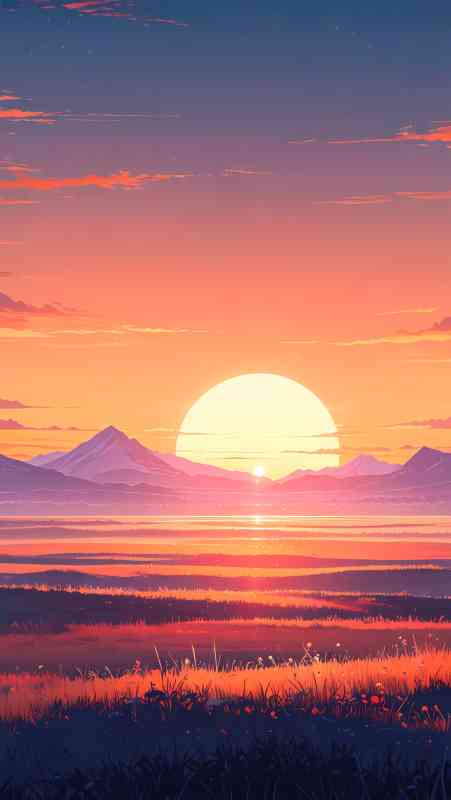 Anime-inspired landscape with large setting sun, purple mountains, and colorful fields at sunset
