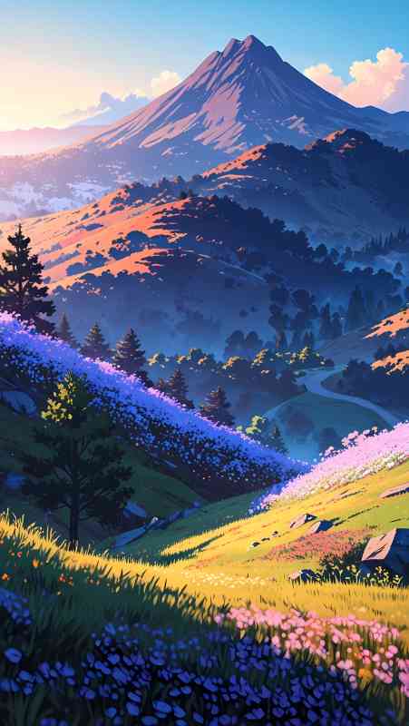 Anime mountain and hills with vibrant wildflowers in 8K resolution.