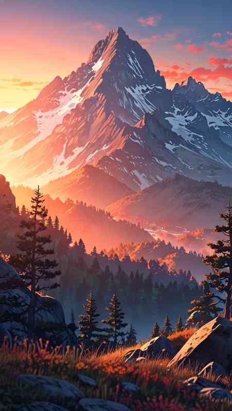 8K Ultra HD anime wallpaper of a sunrise over a snow-capped mountain and forest.