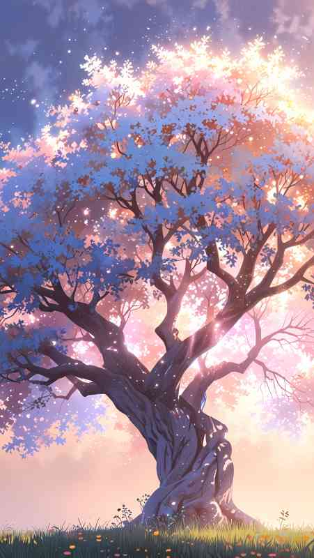 Anime wallpaper of a majestic tree at sunrise with glowing leaves.