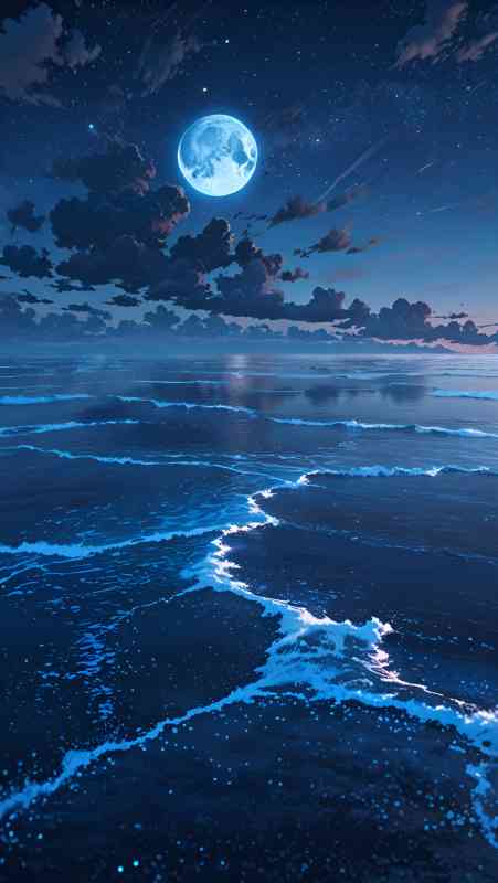 8K Ultra HD anime wallpaper of moonlit ocean waves beneath a starry sky.