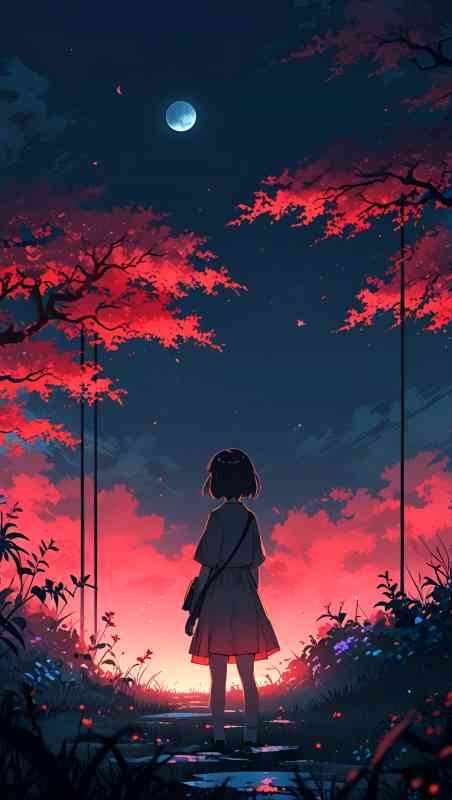 Anime illustration of girl silhouette watching full moon amidst red cherry blossoms at night