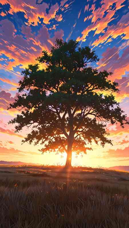 Anime wallpaper of a tree at sunset with sunlight streaming through the leaves.